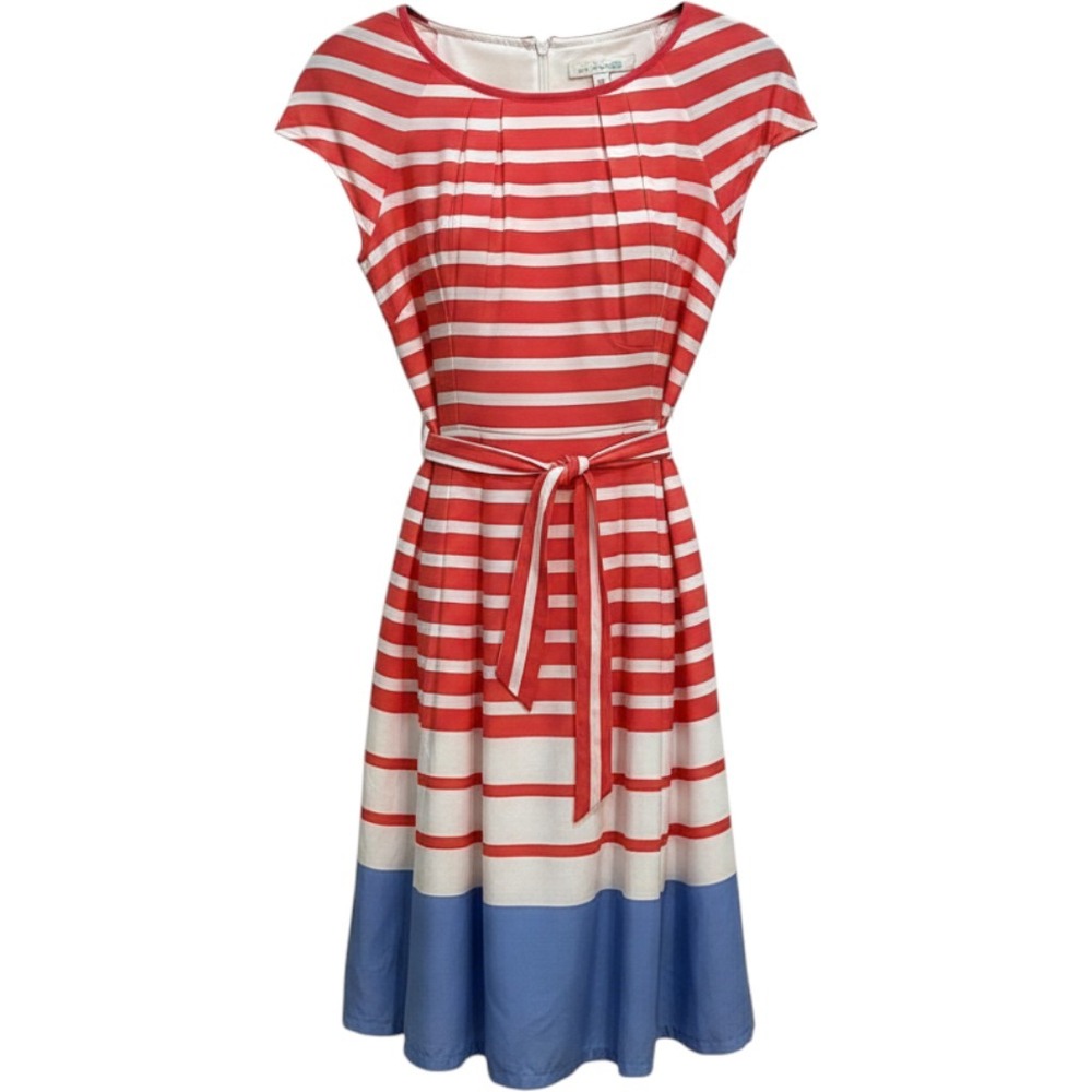 Boden Red White Striped Blue Colorblock Viscose Fit Flare Belted Dress US 4R
